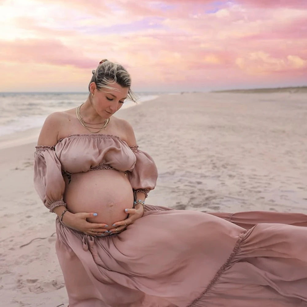 Maternity Photography Gown Soft Satin Off Shoulder Pregnant Woman Two piece set