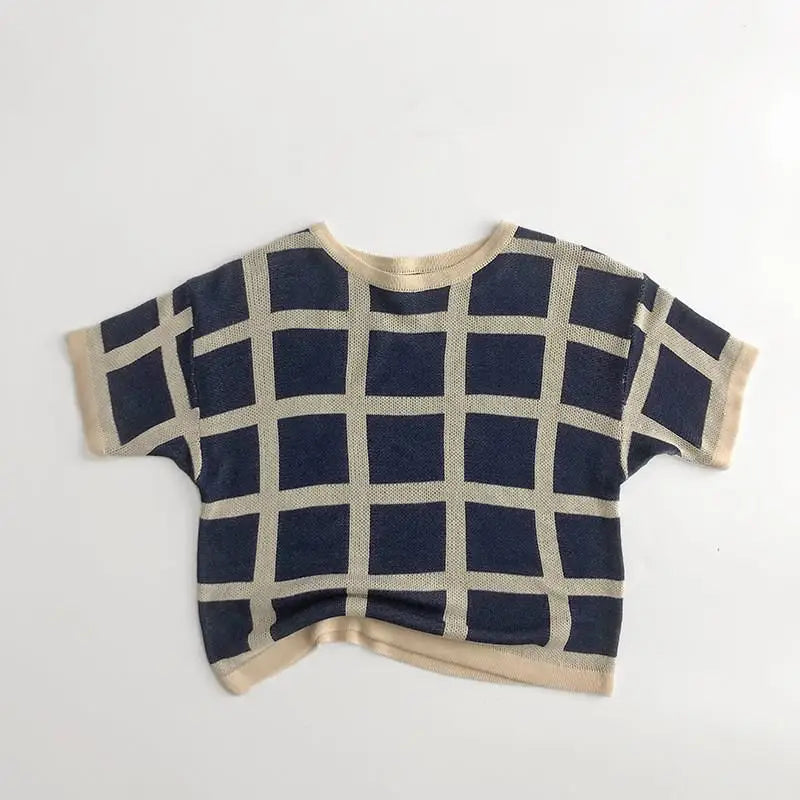 Toddler Boys Girls Clothes Sets Loose Plaid Short-sleeved T-shirt And Knitted Shorts