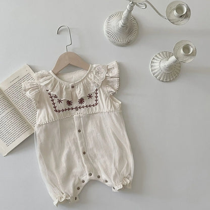 Newborn Girl Embroidery Flower Lace Lapel Jumpsuit Sleeveless Romper