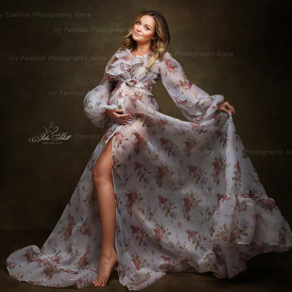 Photo Shoot Printed Floral Chiffon Flounce Dress Sweetheart Evening Dresses