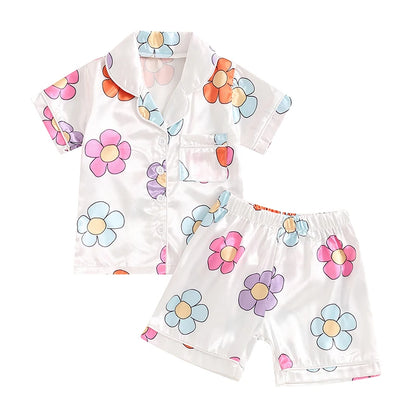 Little Girls Floral Print Pajama Set Single Breasted Tops Elastic Waistband Shorts Outfits