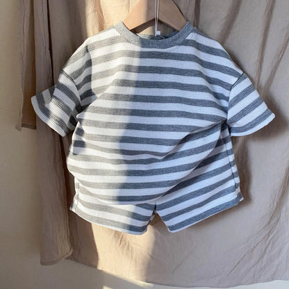 Baby Tracksuit Boy Girl Children Loose Striped Short Sleeves Tops + Shorts 2pcs