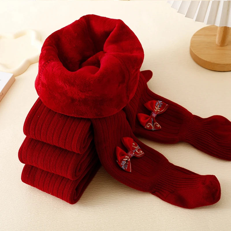 Little Girl Autumn Winter Knit Leggings Red Elastic Band Bow Decor Tights Pantyhose Socks