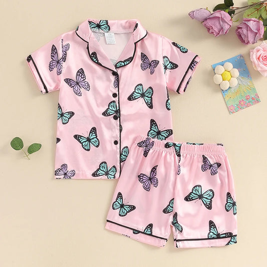 Girls Summer Pajama Sets Short Sleeve Lapel Shirt Butterfly Print Pants