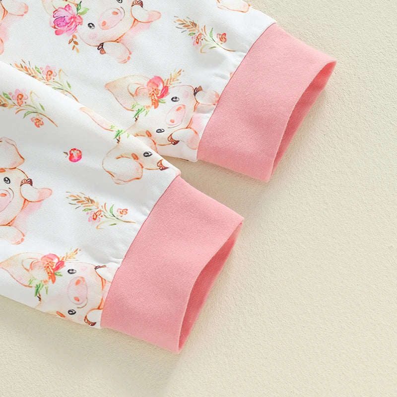 Baby Girls Letter Print Romper Pig Print Long Pants Headband Hat 4Pcs Clothes Set