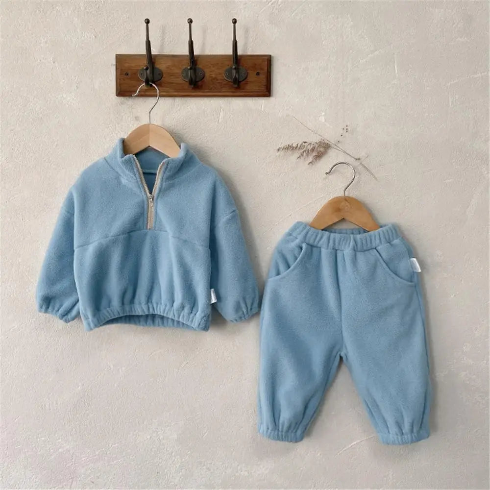 Toddler Baby Sports Set Fleece Solid Color Hoodies And Pants 2pcs Warm Suit