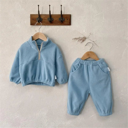 Toddler Baby Sports Set Fleece Solid Color Hoodies And Pants 2pcs Warm Suit