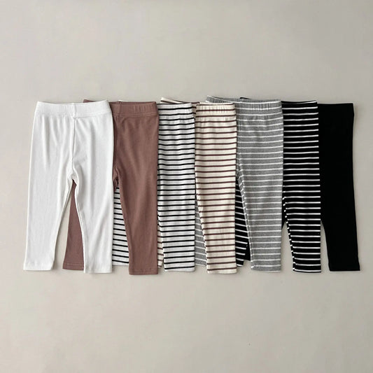 Girl Children Ribbed Solid Simple Leggings Boy Baby Striped Casual Pants