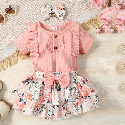 Baby Girls Solid Color Ruffle Romper and Floral PP Shorts Headband Sets