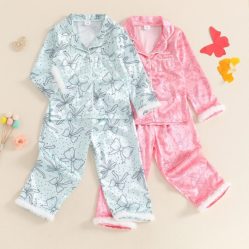 Little Girl Fall Satin Pajamas Set Bow Print Fuzzy Lapel Button Down Tops with Pants