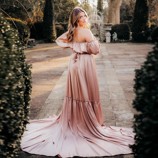 Maternity Photography Gown Soft Satin Off Shoulder Pregnant Woman Two piece set