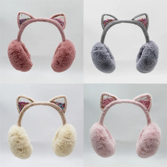 Winter Warm Earmuffs for Kids Girls Cute Cat Ear Muffs Foldable Fluffy Ear Warmers