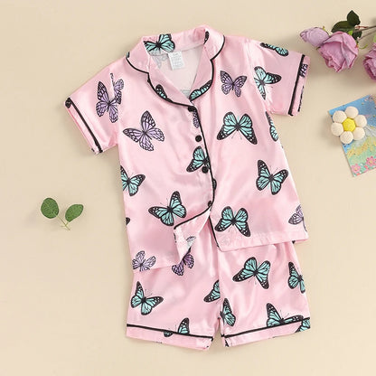 Girls Summer Pajama Sets Short Sleeve Lapel Shirt Butterfly Print Pants