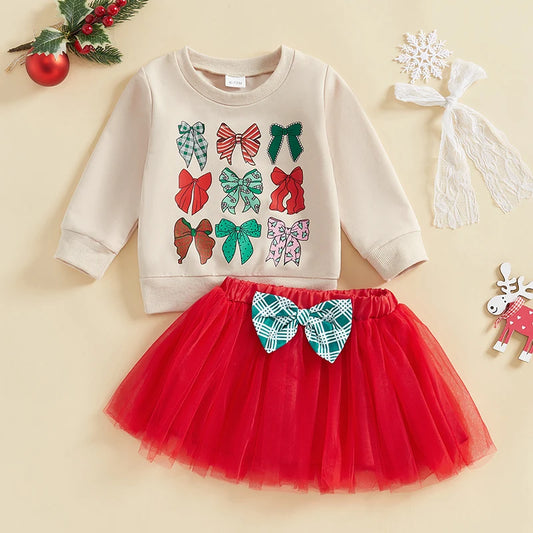 Toddler Girls Christmas Bow Pattern Sweatshirt Tops and Tulle Skirt