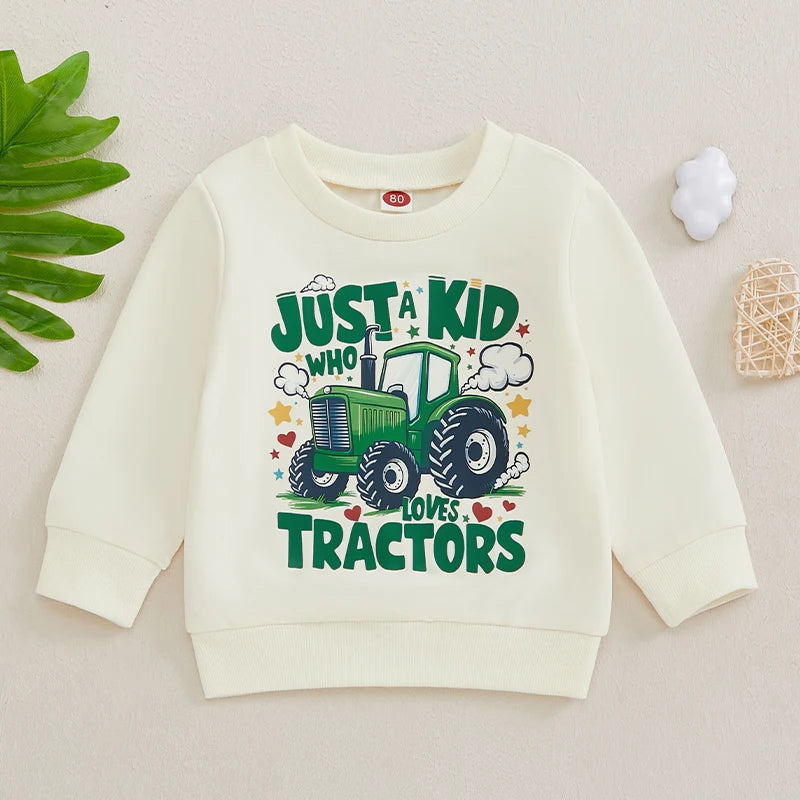 Toddler Boys Sweatshirts Classic Tractor Print Long Sleeve Crew Neck Pullovers