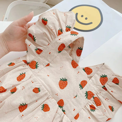 Summer Infant Newborn Princess Fly Sleeve Strawberry Print Outfits Kids