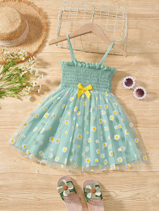 Summer Girls Dress Suspender Bow Princess Dress Gauze Skirt Flowers