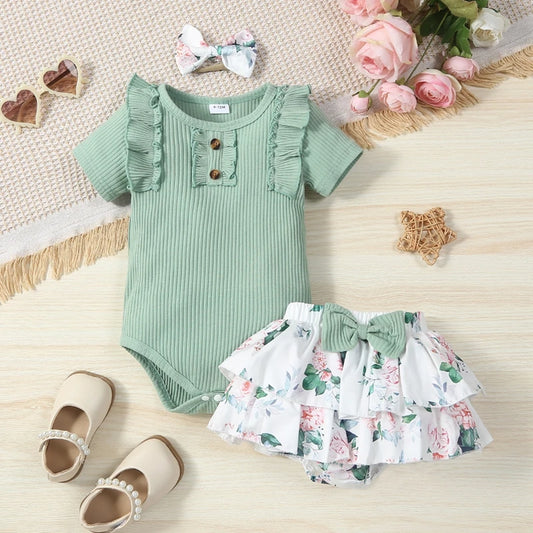 Baby Girls Solid Color Ruffle Romper and Floral PP Shorts Headband Sets