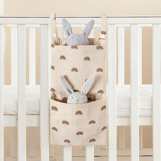 Cotton Baby Bedside Hanging Bag Dual-pocket Toys Diaper Storage Bag Portable Newborn