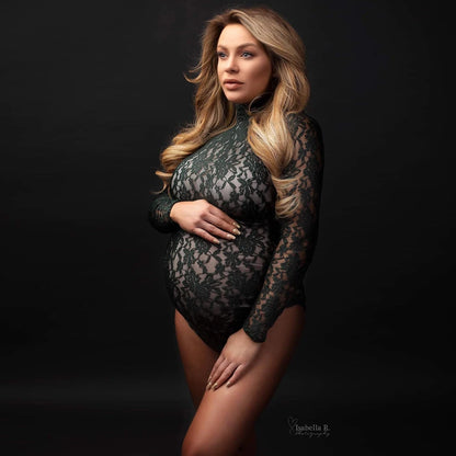 Maternity Photography Props Dress Stretchy Lace Bodysuit Removable Chiffon Sides Slit Skirt