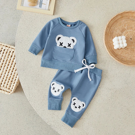 Toddler Boy 2Pcs Bear Embroidery Pullover Tops and Drawstring Pants