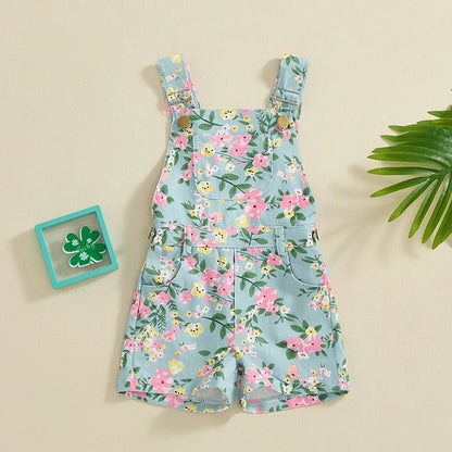 Baby Girl Sleeveless Floral Print Jumpsuit Shortalls Kids Rompers with Pockets