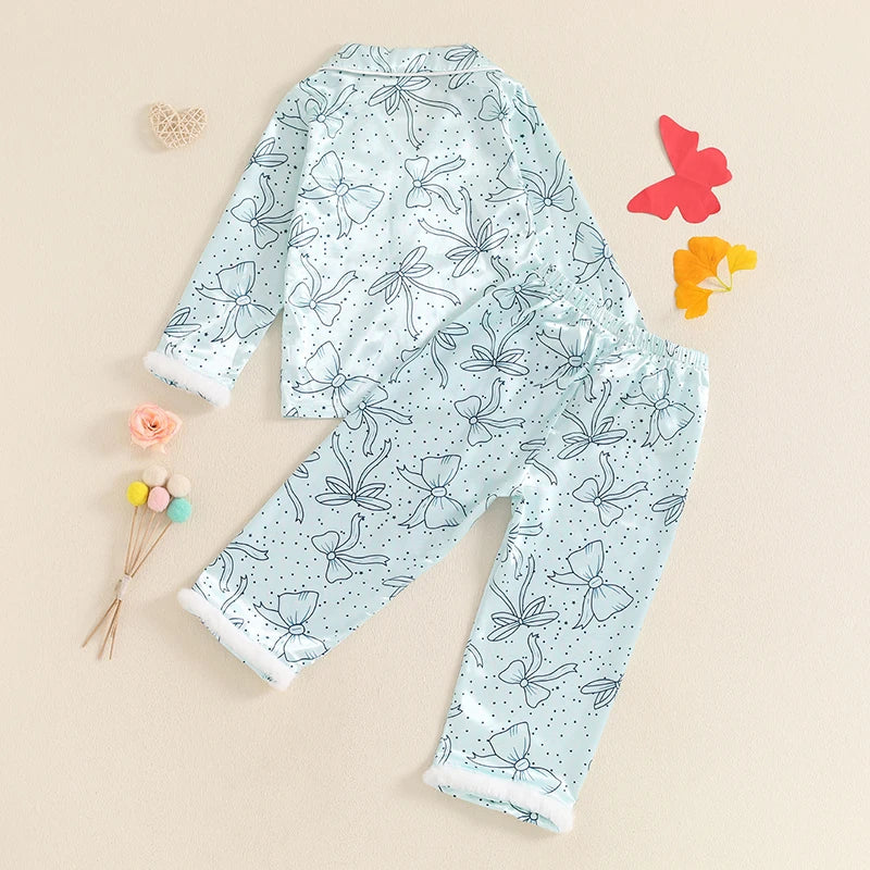 Little Girl Fall Satin Pajamas Set Bow Print Fuzzy Lapel Button Down Tops with Pants