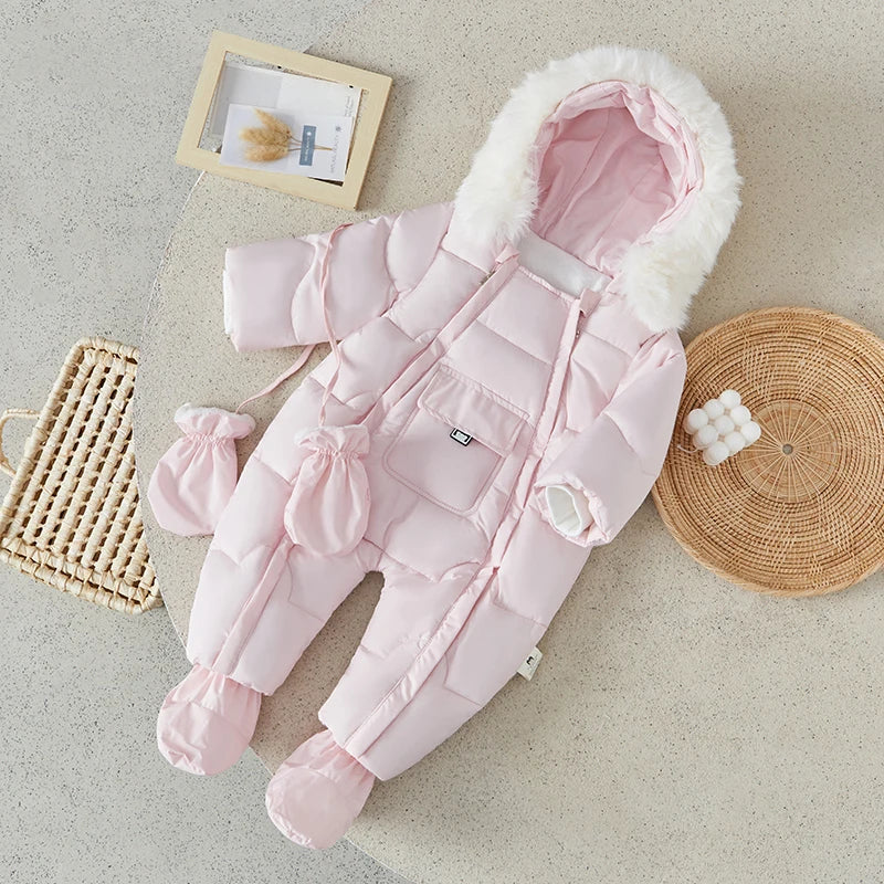 Newest Baby Hooded Puffer Outwear Down Zipper Romper with Gloves and Foot Covers