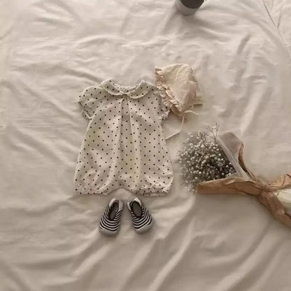 Newborn Girl/Boy Infant Dots Lapel Loose Short Sleeves Jumpsuit Romper