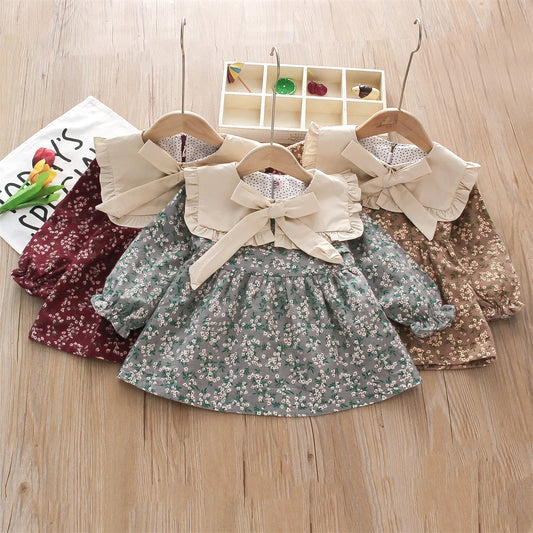 Girls' Dress Flower Bow Lace Lapel Sweet Long Sleeve Forest Style Wear