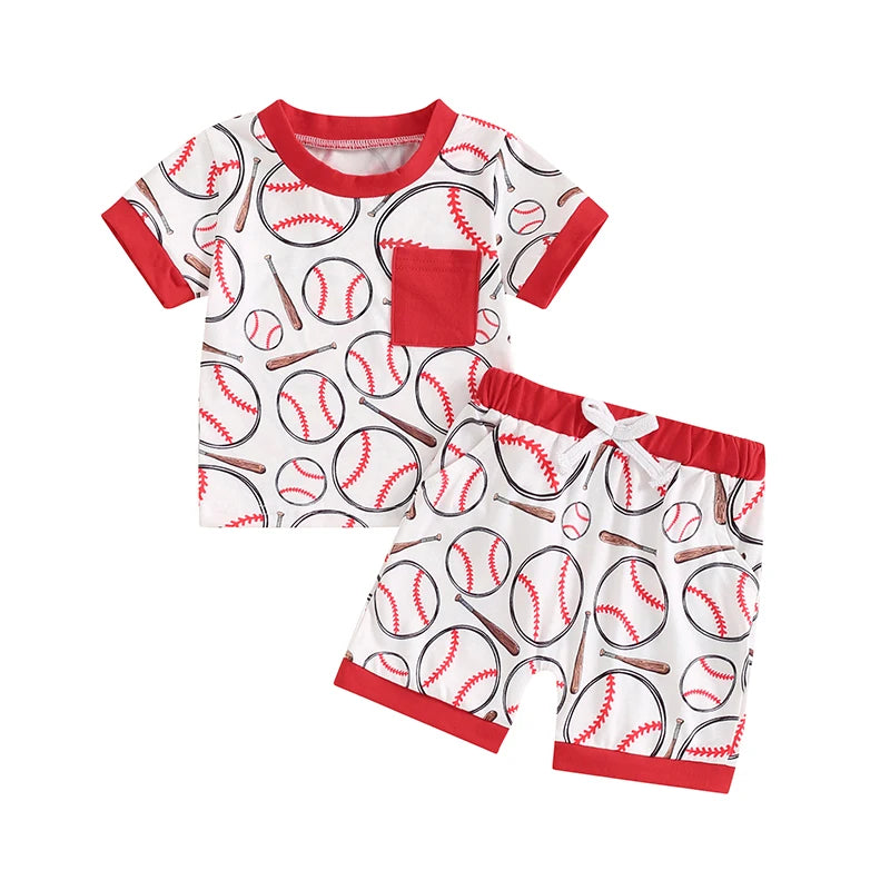 Baby Boys Shorts Set, Baseball Print Short Sleeve T-shirt with Elastic Waist Shorts