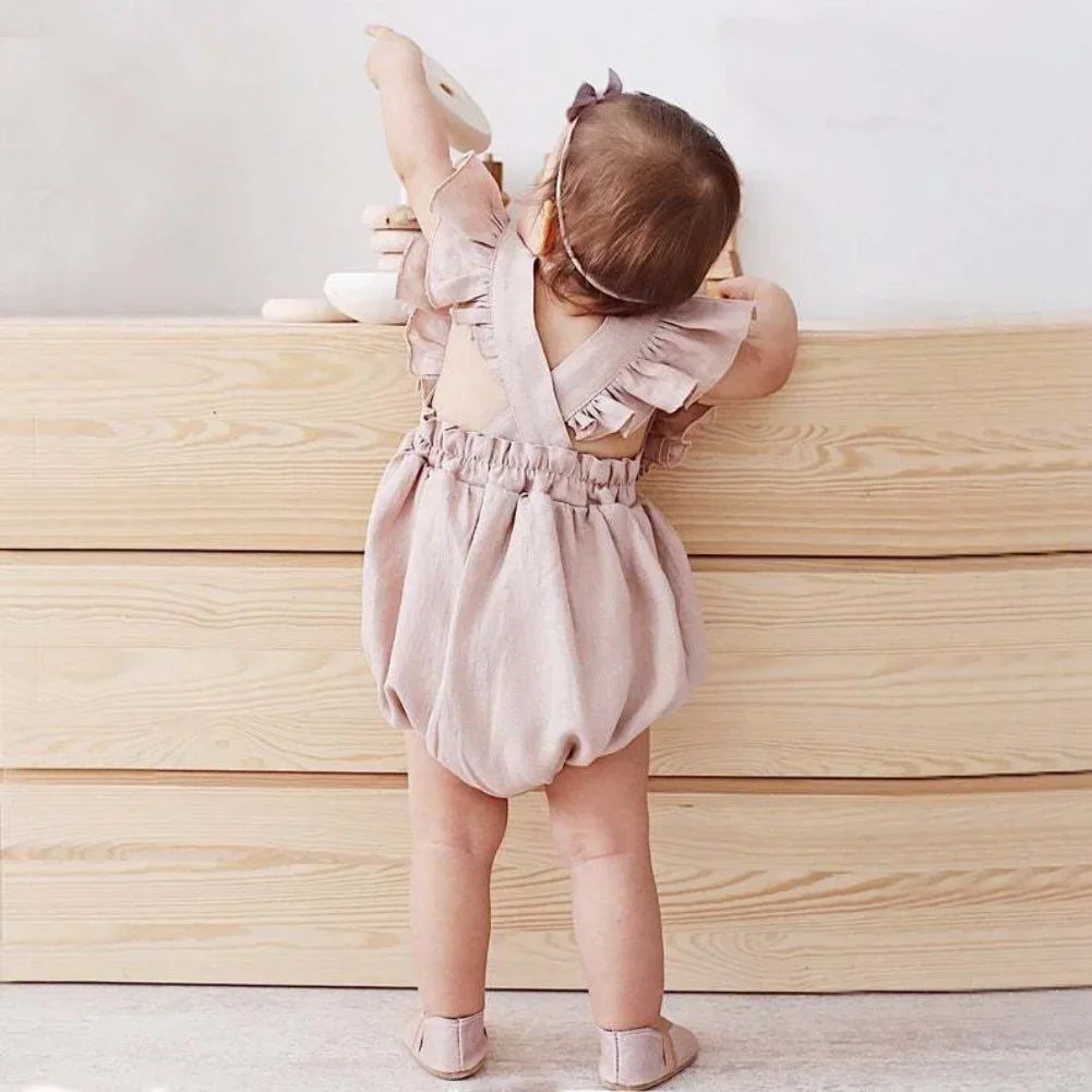 Girls Rompers Ruffles Linen Fabric Sleeveless Strap Newborn Infant Romper Clothes