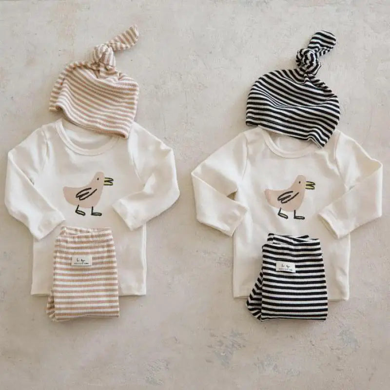 Baby Long Sleeve Home Clothes Set Infant Cartoon Tops + Pants + Hat 3pcs Suit