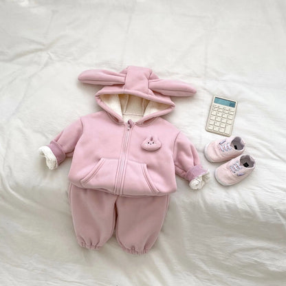 Baby Plus Velvet Thick Clothes Set Girls Cute Rabbit Fleece Hooded Coat + Warm Pants