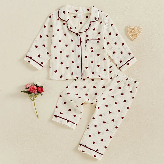 Girls Pajama Set Heart Print Long Sleeves Shirt and Elastic Waist Pants