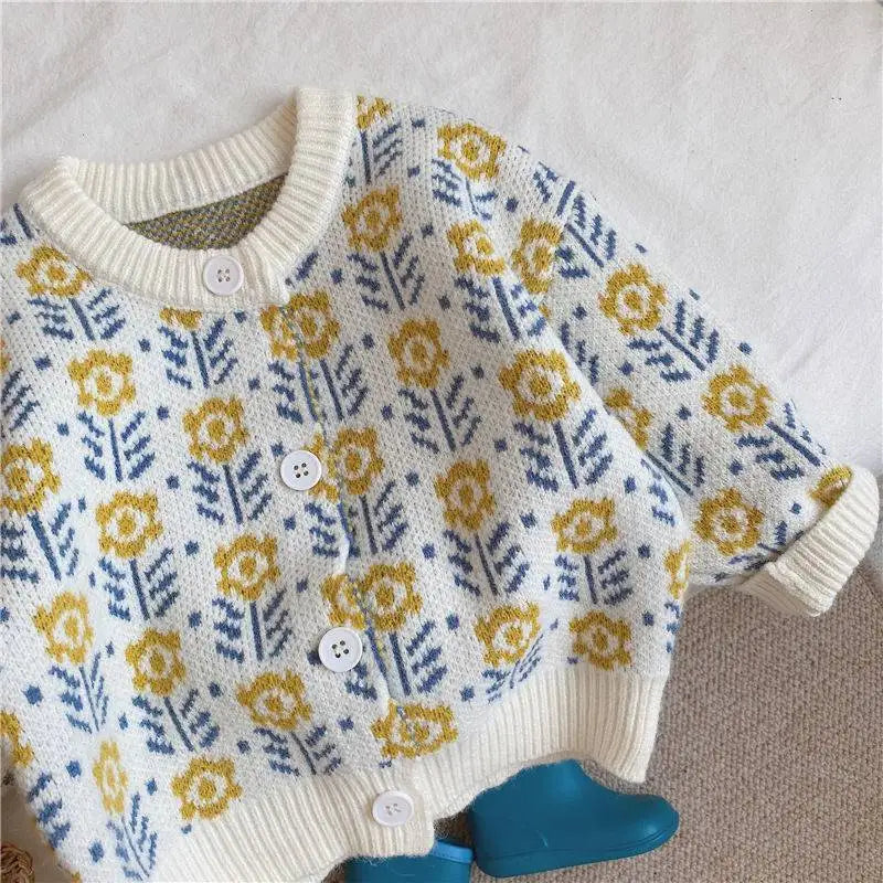 Baby Girl Sweet Flower Knitting Single Breasted Sweater Retro Casual Clothes