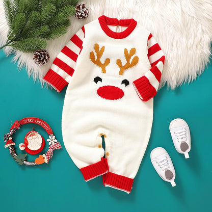 Baby Christmas Romper Elk Pattern Stripe Full Length Jumpsuit