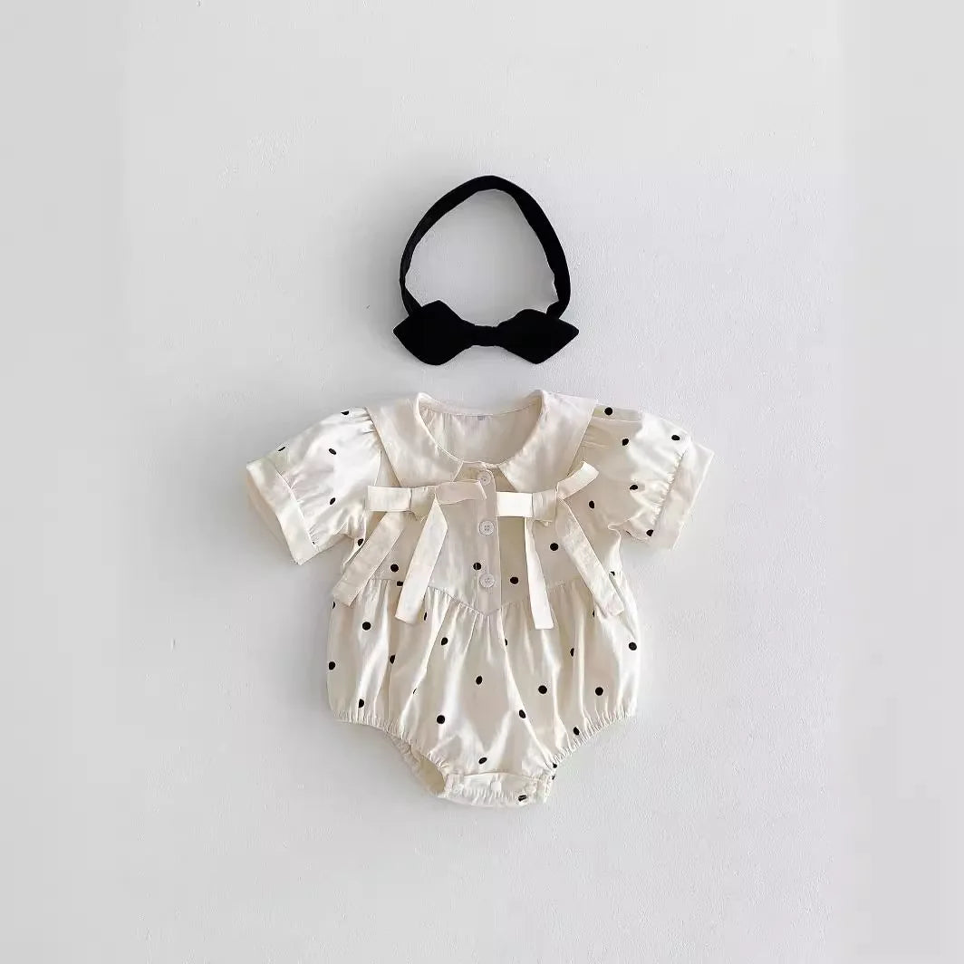 Newborn Girl Baby Cute Dots Short Sleeve Bodysuit + Hairband 2pcs Romper