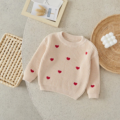 Baby Girl Boy Knitted Long Sleeve Heart Embroidery Loose Pullover Toddler Jumper