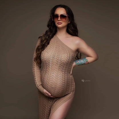 Maternity Photography Dress Sexy High Slit Knitted Dress One Shoulder Long Skirt