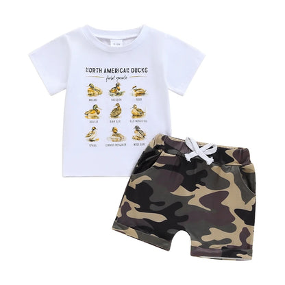 Little Boy 2 Piece Summer Outfit, Letter Duck Print Short Sleeve Tops Elastic Waist