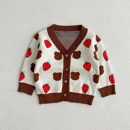 New Baby Girl Cardigan Infant Cute Strawberry Bear Print Sweater Coat /Jacket