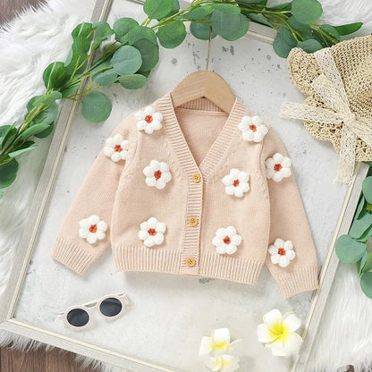 Children Cute Knitted Cardigan Handmade Flower Sweater Girl Jacket