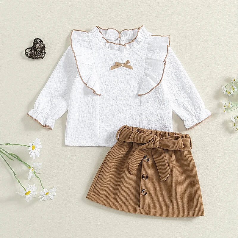 Girls Sweet Tops + Solid Color Skirt with Belt