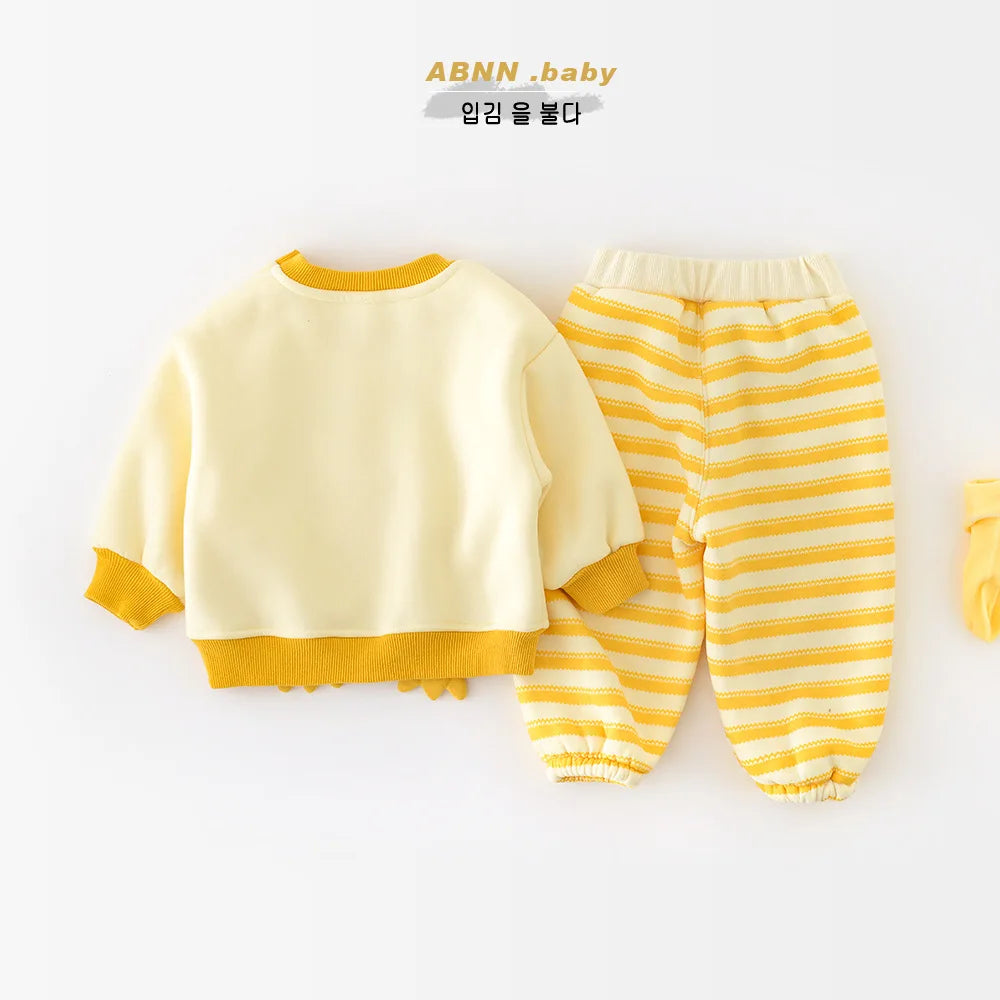 Baby Girls Cute Cartoon Duck Fleece Sweatshirt + Striped Pants