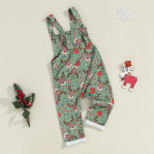 Toddler Girls Boys Christmas Overalls Reindeer/Santa Print Straps Romper Jumpsuit