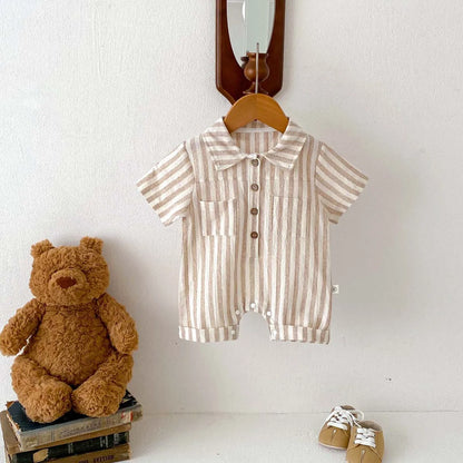 Baby Striped Polo Collar Short Sleeve Romper/Jumpsuit Cotton One-piece