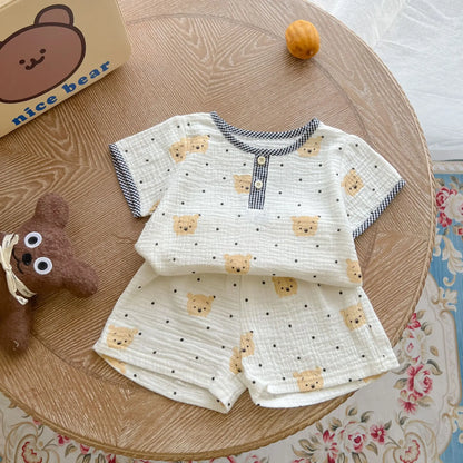 New Casual Set Cute Bear T-shirt Baby Girl Cherry Short Sleeves Tops