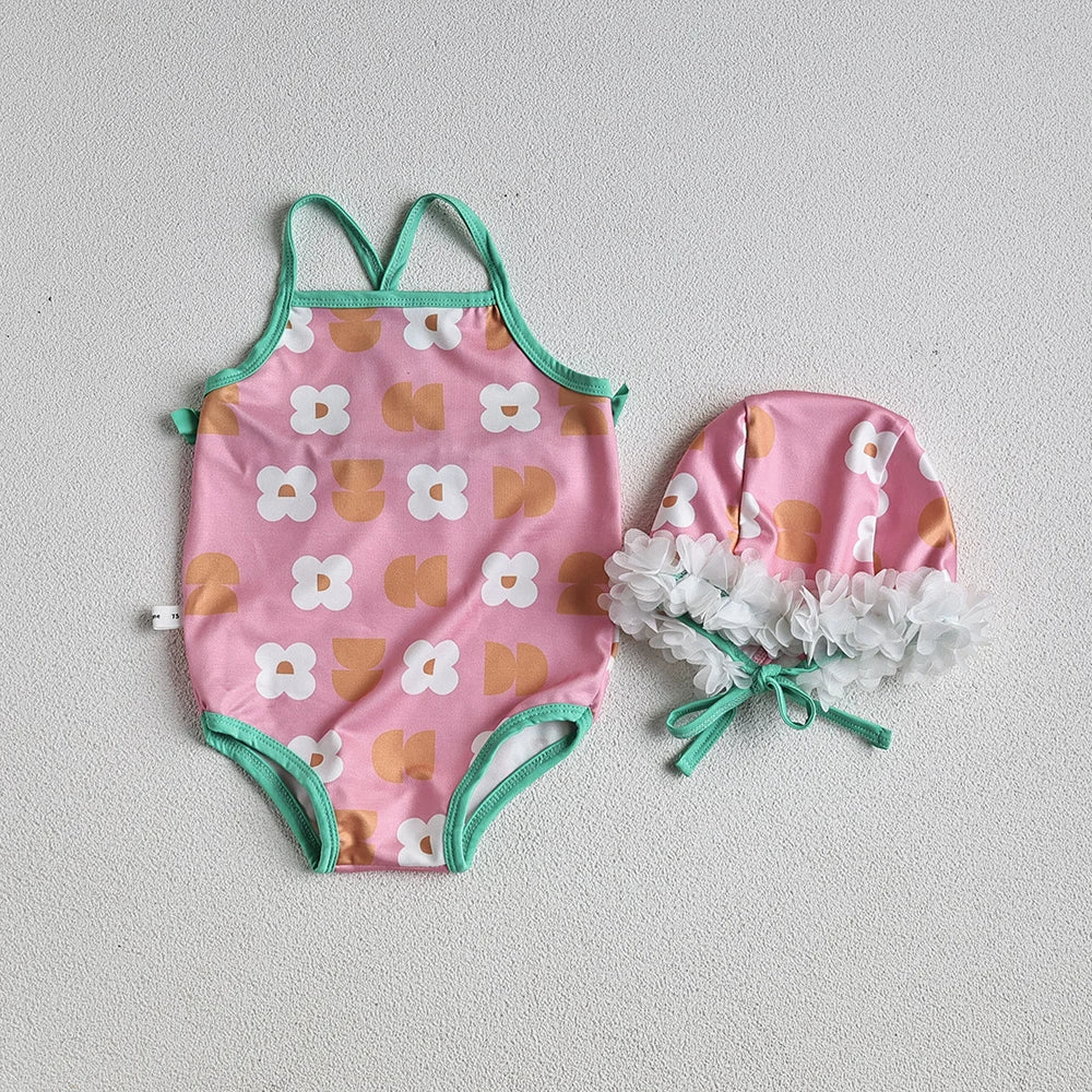 Baby Girls Swimsuit Split Swimwear Infant Floral Sling One-Piece Swimsuit with Hat