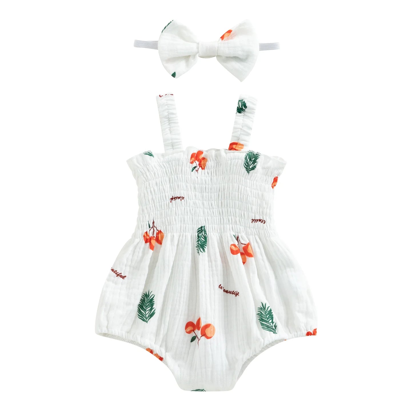 Newborn Infant Girls Carrot Print Sleeveless Cotton Linen Bodysuits Jumpsuits Headband